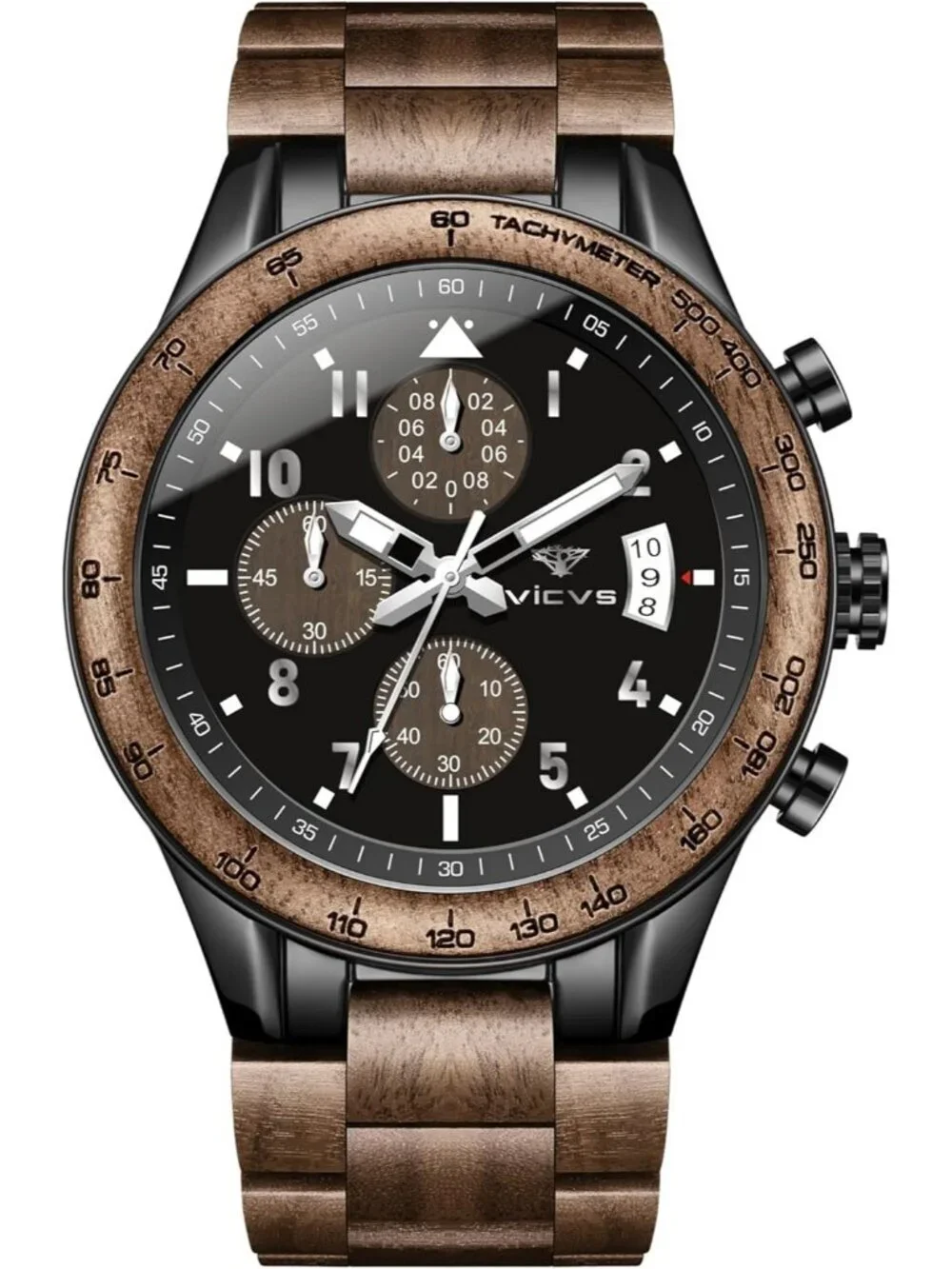 Mens Brown Black Stainless Steel Chronograph Quartz Multifunctional Wooden Watch